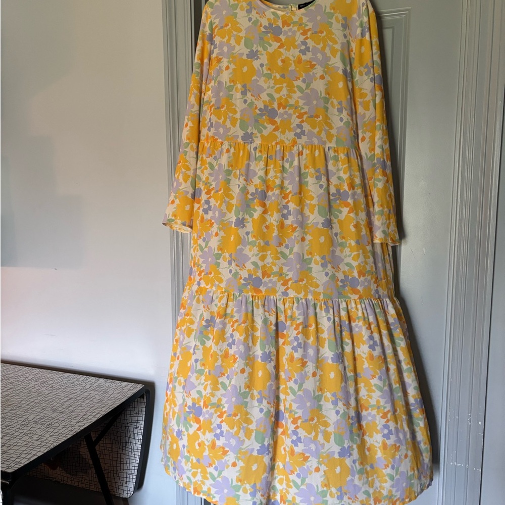 Yellow Floral Tiered Midi Dress